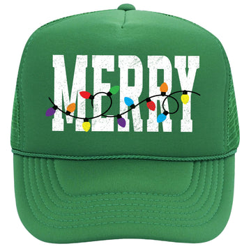 Merry Trucker Hat for Men & Women Distressed Christmas Lights Classic 5 Panel Foam Front Mesh Snapback