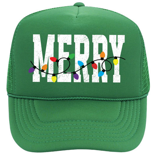 Merry Trucker Hat for Men & Women Distressed Christmas Lights Classic 5 Panel Foam Front Mesh Snapback