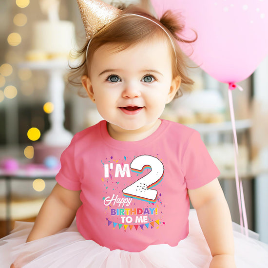Side view of toddler birthday shirt showing fit and fabric quality on a 2-year-old