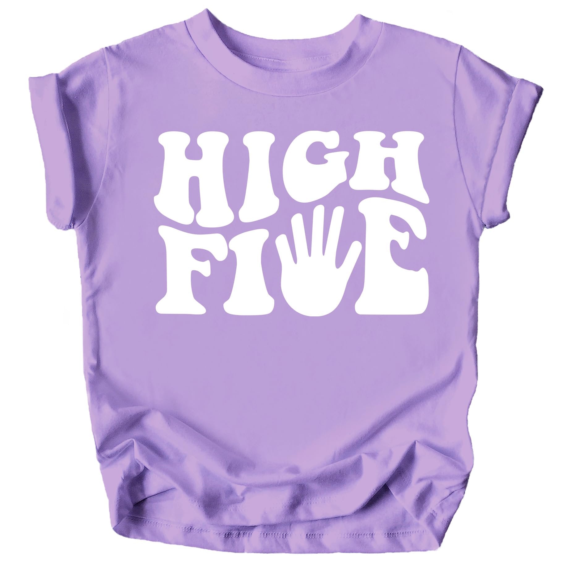 Toddler wearing purple High Five 5th Birthday groovy graphic tee