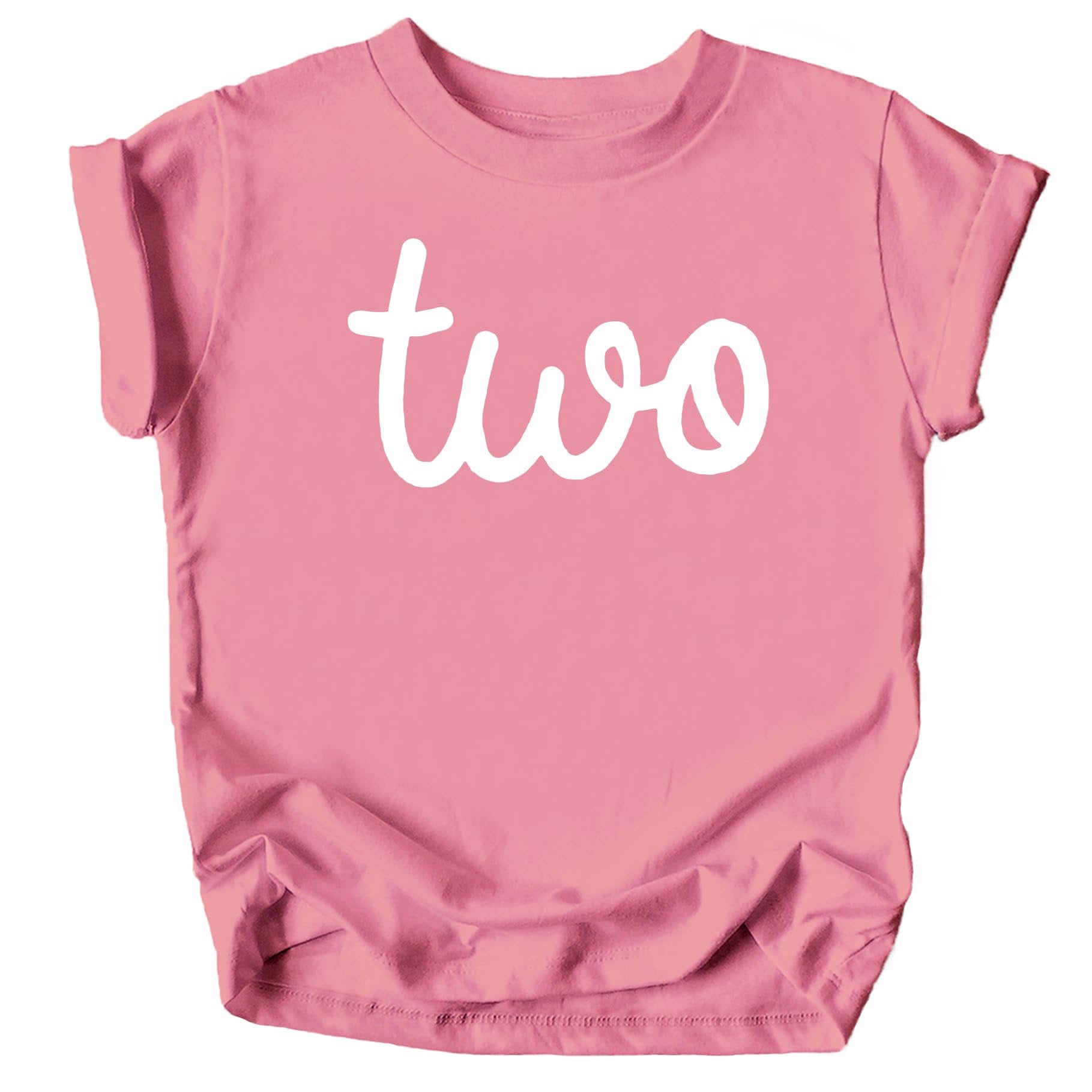 Toddler girl wearing a purple short-sleeve birthday shirt with cursive 'Two' graphic for 2nd birthday