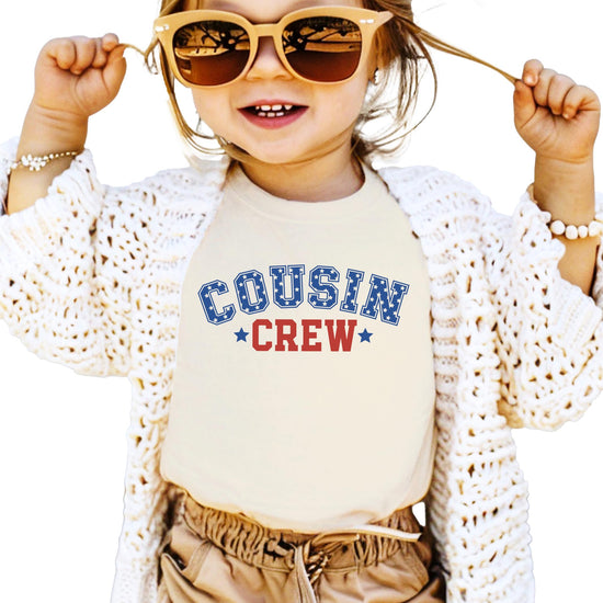 Kids wearing natural USA Cousin Crew shirts for 4th of July family photo