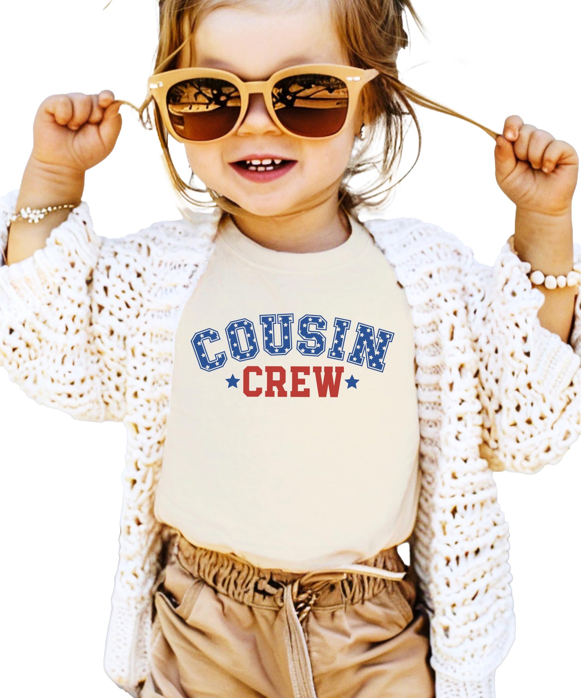 Kids wearing natural USA Cousin Crew shirts for 4th of July family photo