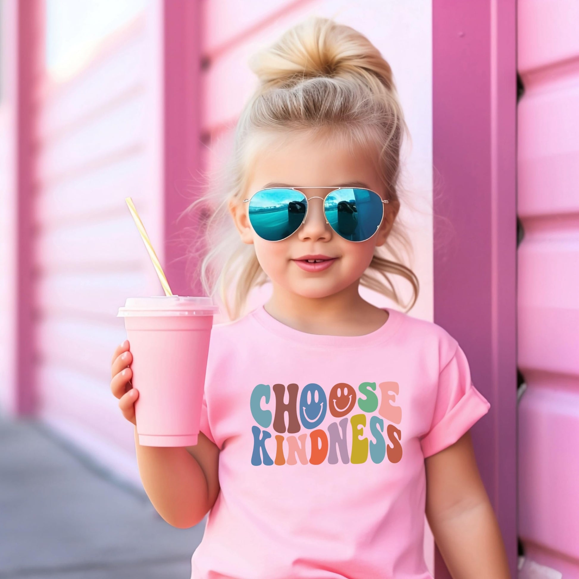 Close-up of vibrant Choose Kindness retro print on girls pink toddler shirt