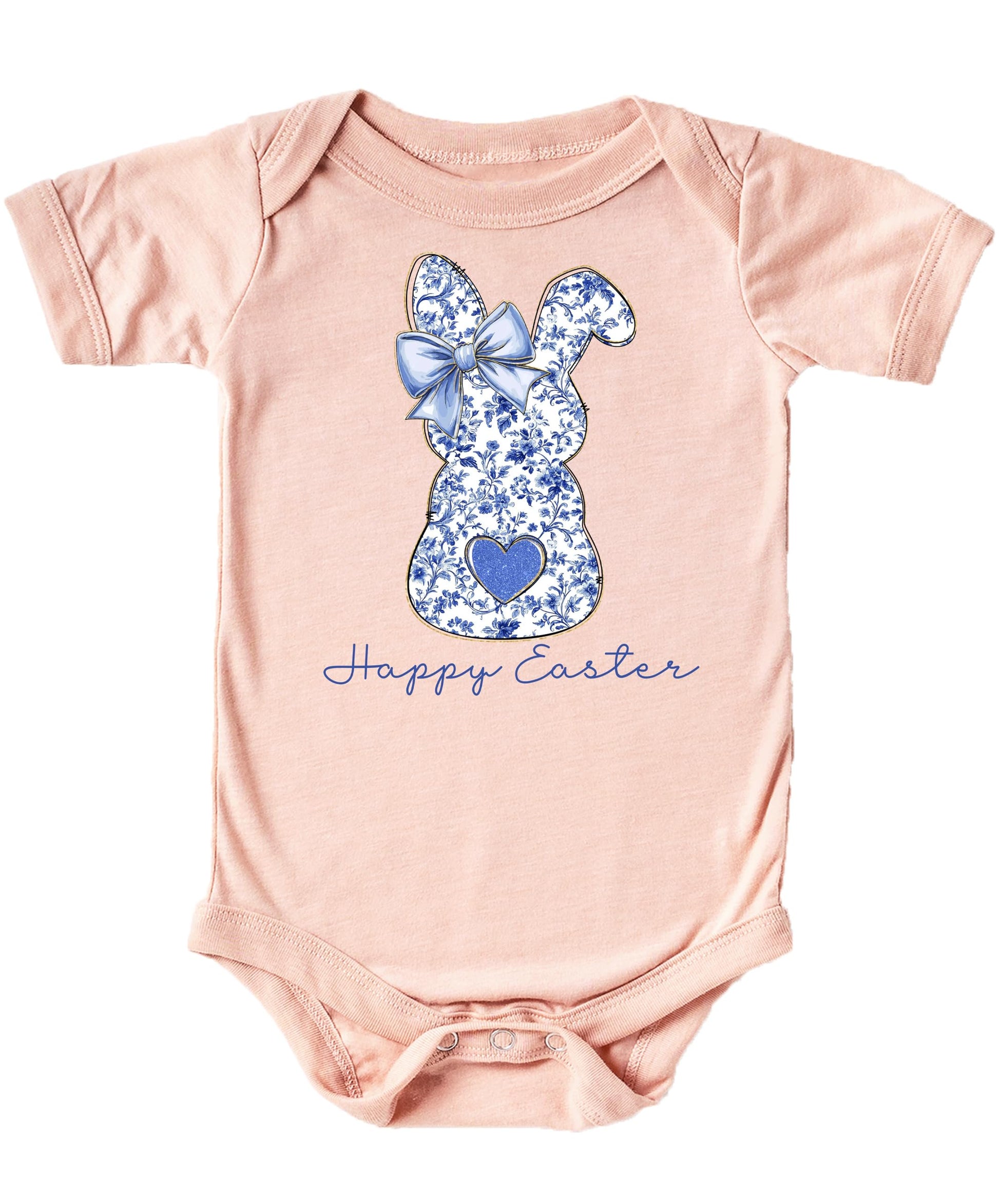 Baby girl wearing a peach Happy Easter bodysuit with blue chinoiserie floral bunny and bow design