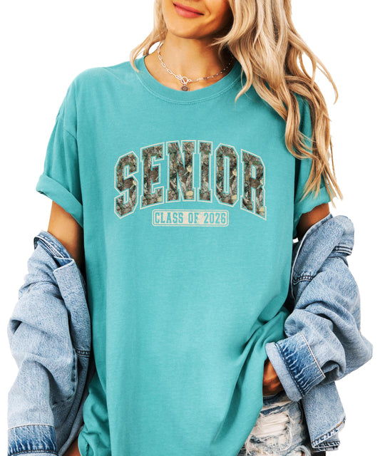 Front view of Class of 2026 camo varsity senior tee showing vibrant graphic print detail