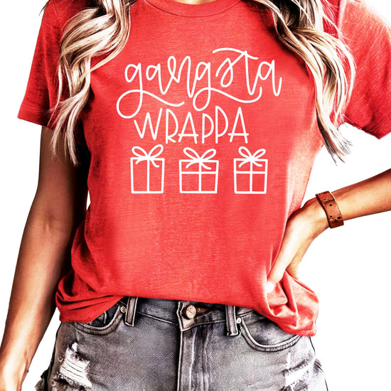Front view of Gangsta Wrappa sarcastic Christmas shirt in red for women