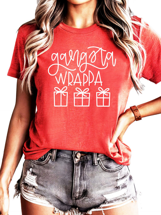 Front view of Gangsta Wrappa sarcastic Christmas shirt in red for women
