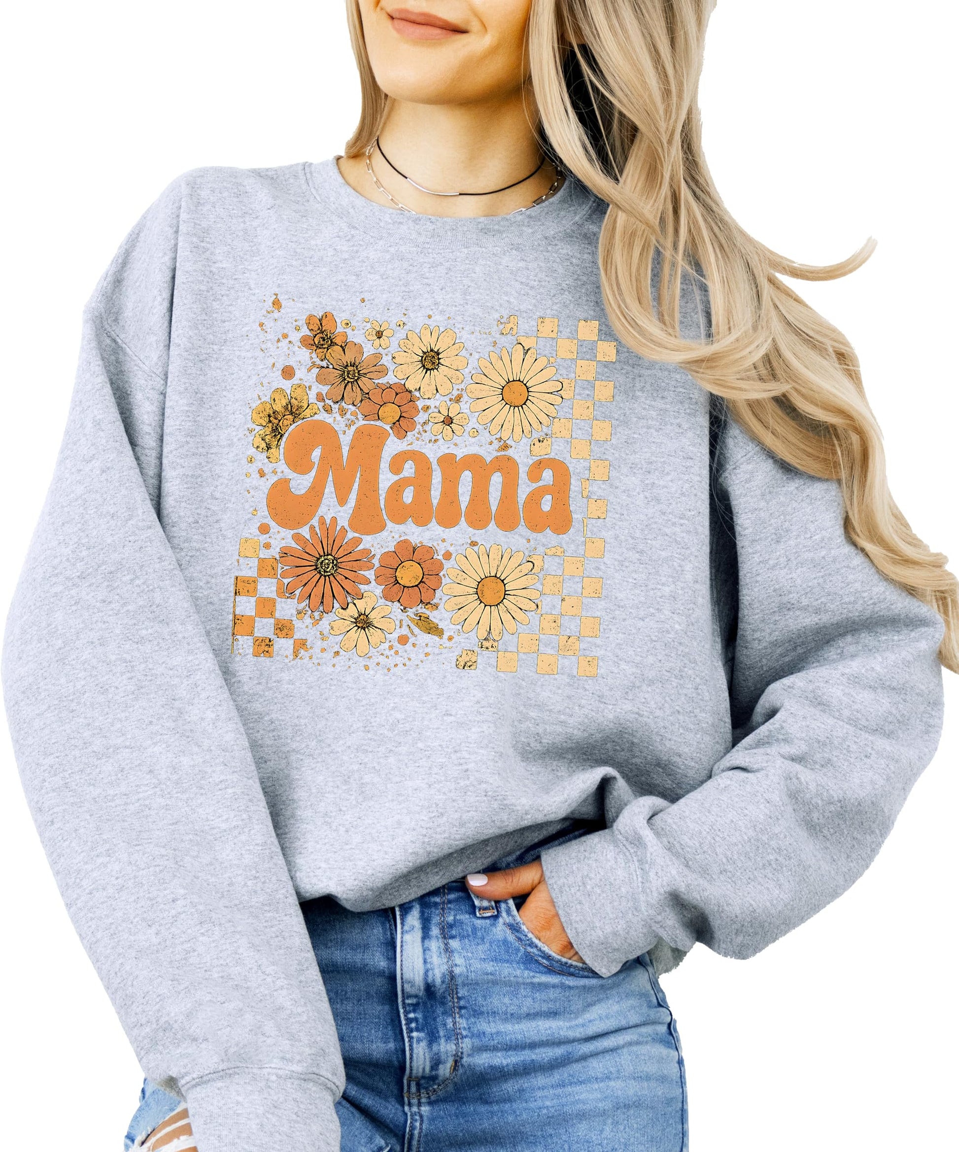 Model wearing black mama checkered floral sweatshirt styled for casual fall outfit