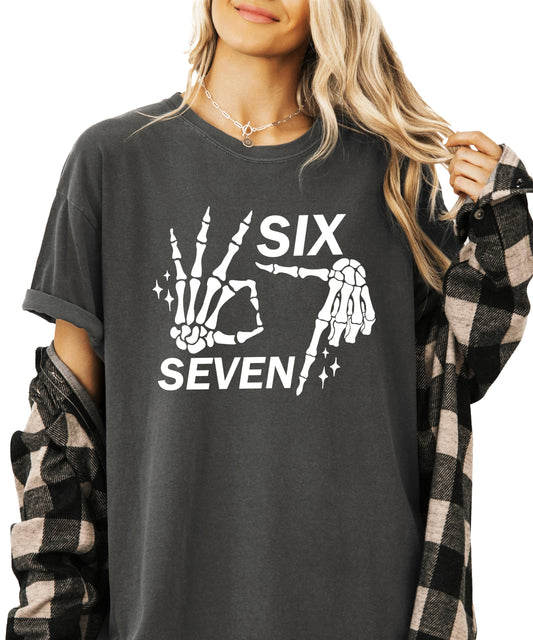 Front view of Six Seven Gen Z meme skeleton shirt for men and women