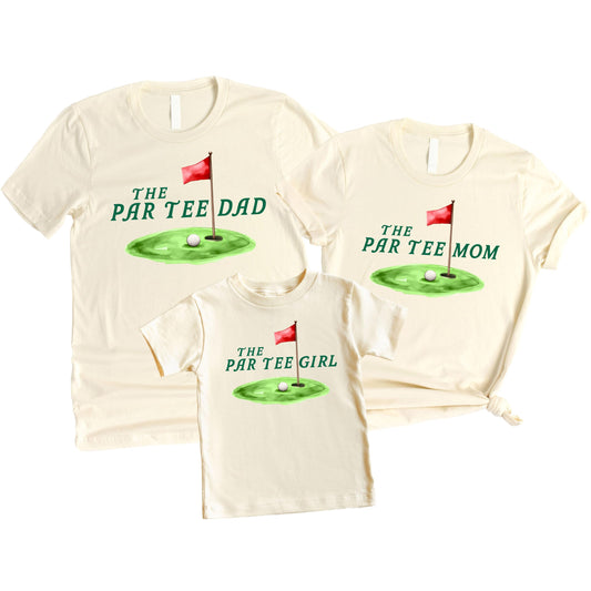 Close-up of Par Tee golf birthday graphic print on adult men's tee shirt