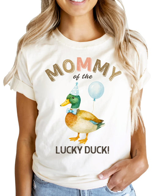 Full front view of One Lucky Duck 1st birthday matching family graphic tee in natural