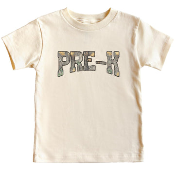 Kids natural cotton tee with bold PRE-K woodland camo letter print by Olive Loves Apple