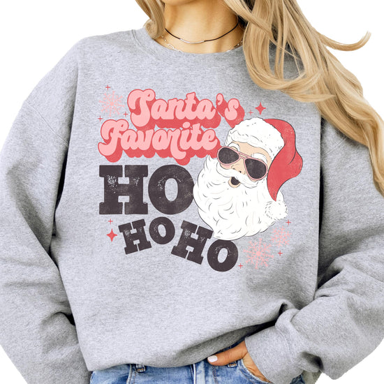 Front view of funny women's Christmas sweatshirt with bold Santa's Favorite Ho Ho Ho retro design