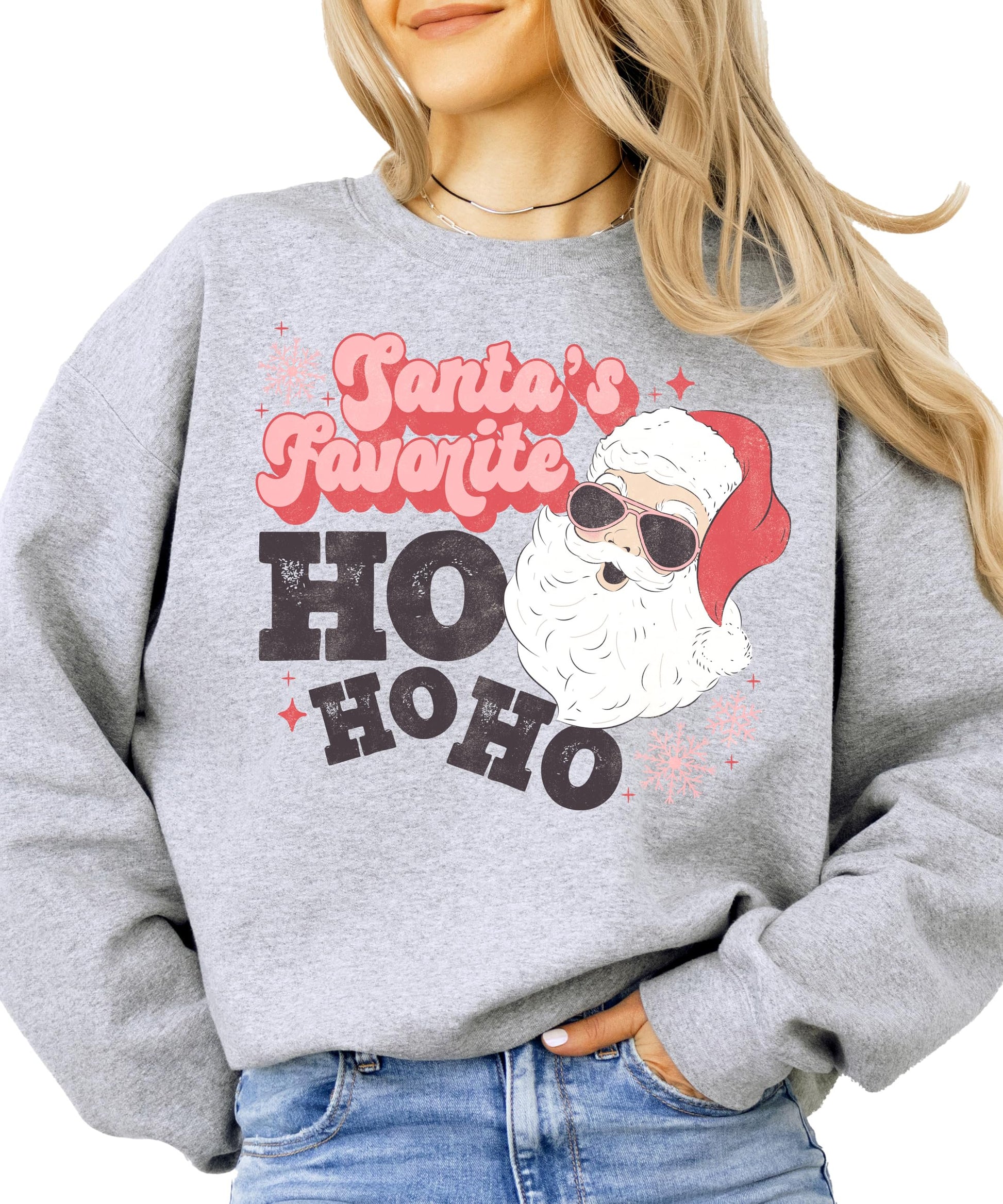 Front view of funny women's Christmas sweatshirt with bold Santa's Favorite Ho Ho Ho retro design