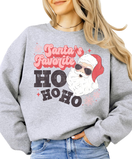 Front view of funny women's Christmas sweatshirt with bold Santa's Favorite Ho Ho Ho retro design