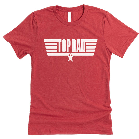 Red men's t-shirt with Top Dad Fun Dad graphic text design