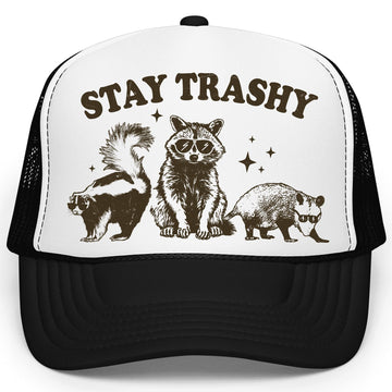 Stay Trashy Funny Raccoon Graphic Classic 5 Panel Mesh Snap Back Trucker Hat