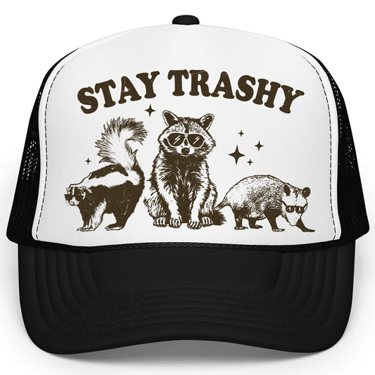 Stay Trashy Funny Raccoon Graphic Classic 5 Panel Mesh Snap Back Trucker Hat