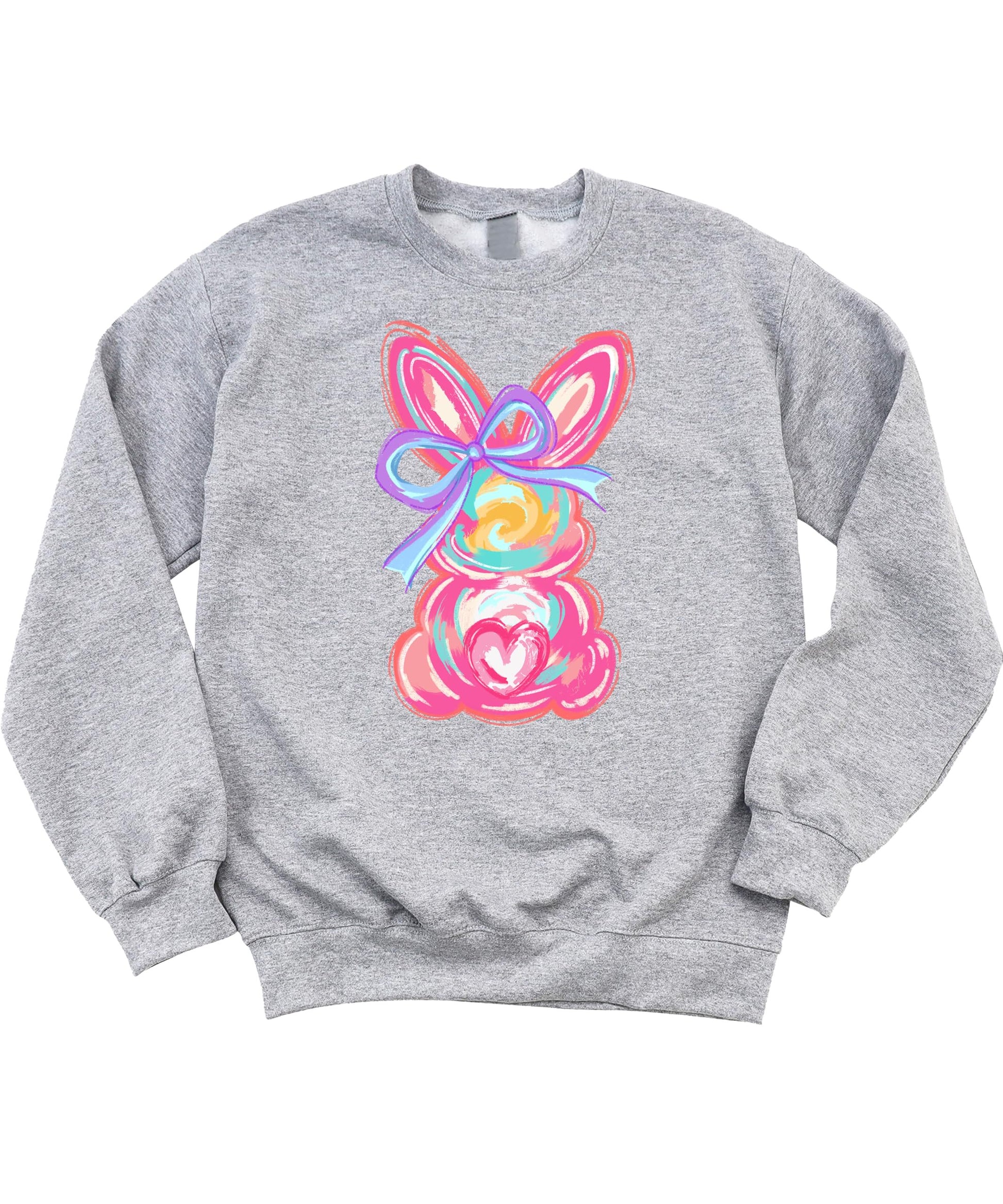 Close-up of painted Easter bunny design on girls white sweatshirt showing vibrant colorful print detail