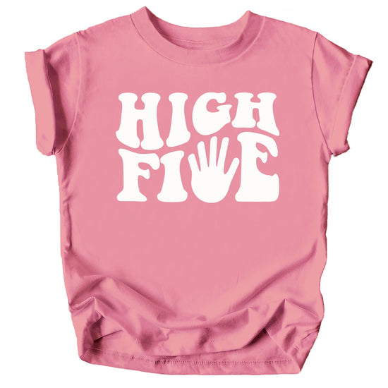 Purple groovy High Five 5th Birthday graphic tee for toddler and youth boys and girls