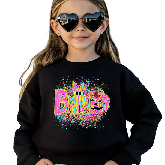 Neon BOO Halloween sweatshirt with girly ghost with bow and jack-o-lantern pumpkin graphic on women's cozy pullover