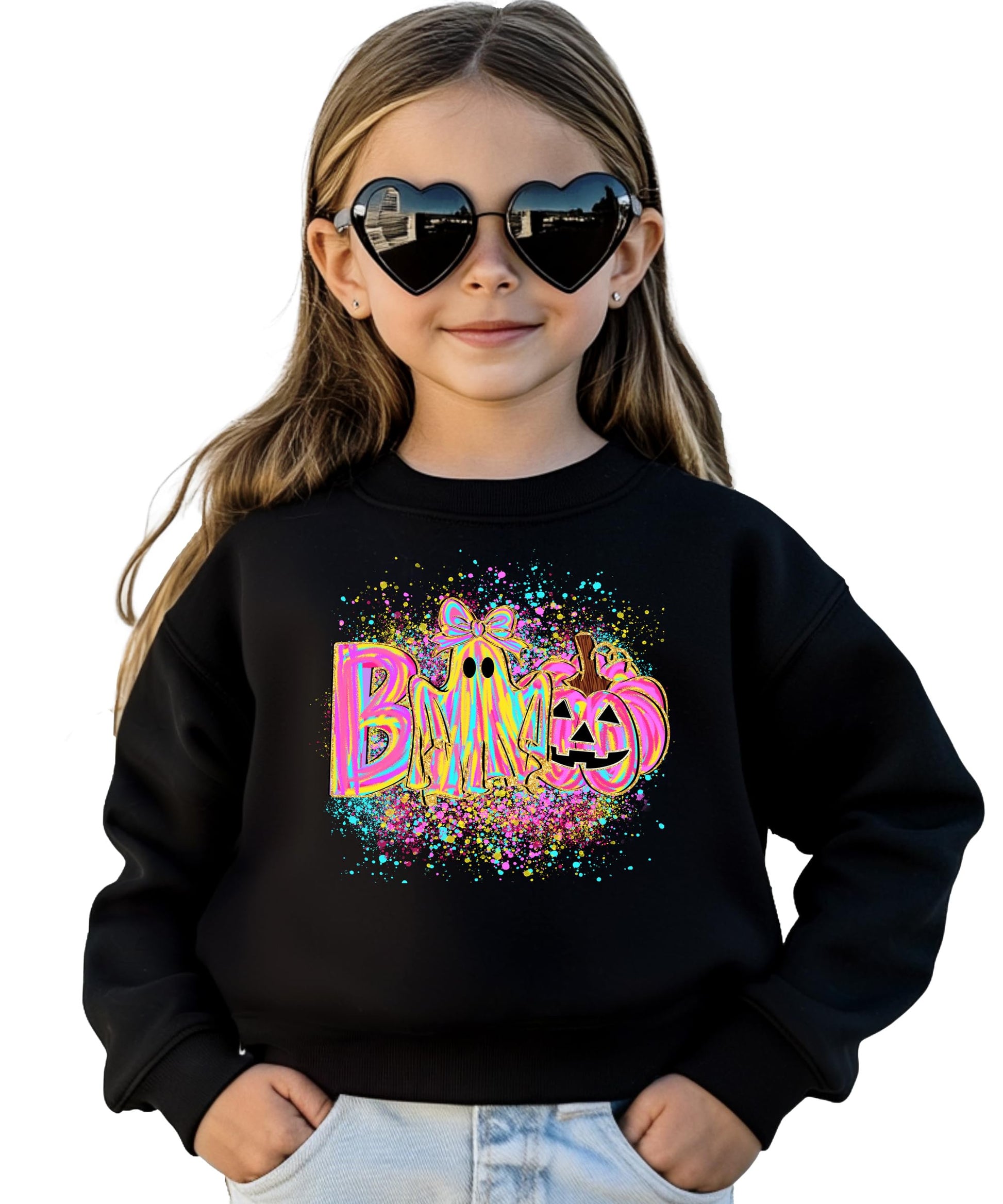 Neon BOO Halloween sweatshirt with girly ghost with bow and jack-o-lantern pumpkin graphic on women's cozy pullover