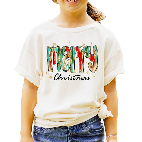 Watercolor Merry Christmas mommy and me matching holiday tee in peach for adults and kids