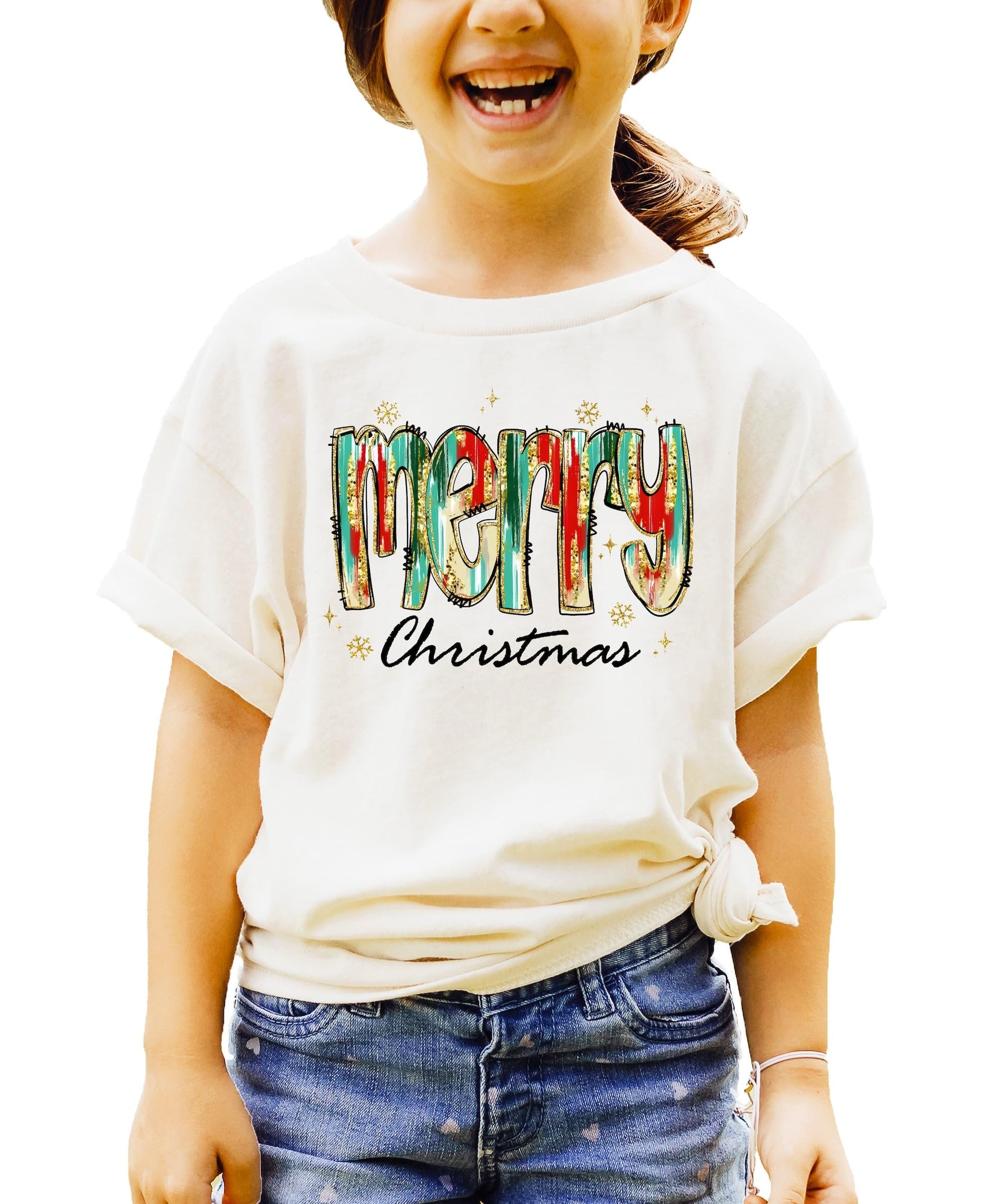 Watercolor Merry Christmas mommy and me matching holiday tee in peach for adults and kids