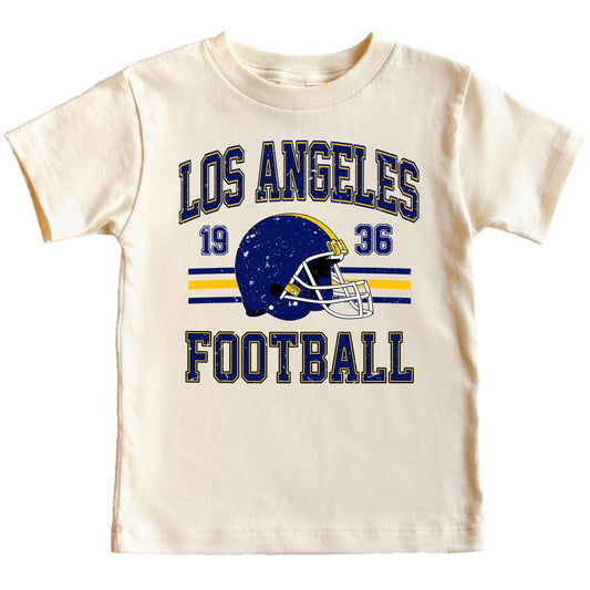 Close-up of retro Los Angeles Football 1936 graphic showing blue and gold team colors with vintage helmet logo
