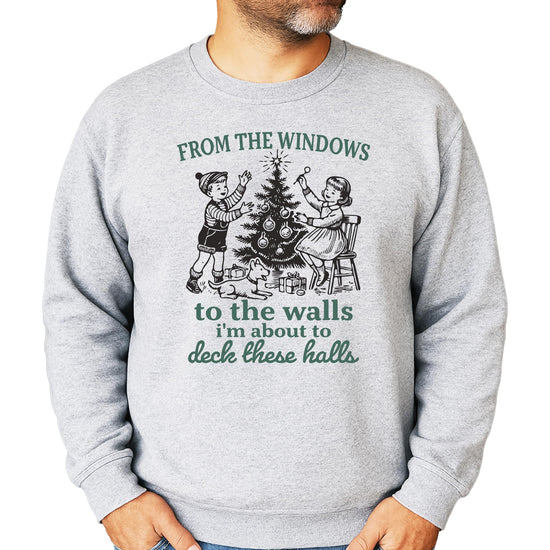 Close-up of Deck These Halls holiday graphic sweatshirt showing vibrant print detail on gray fabric