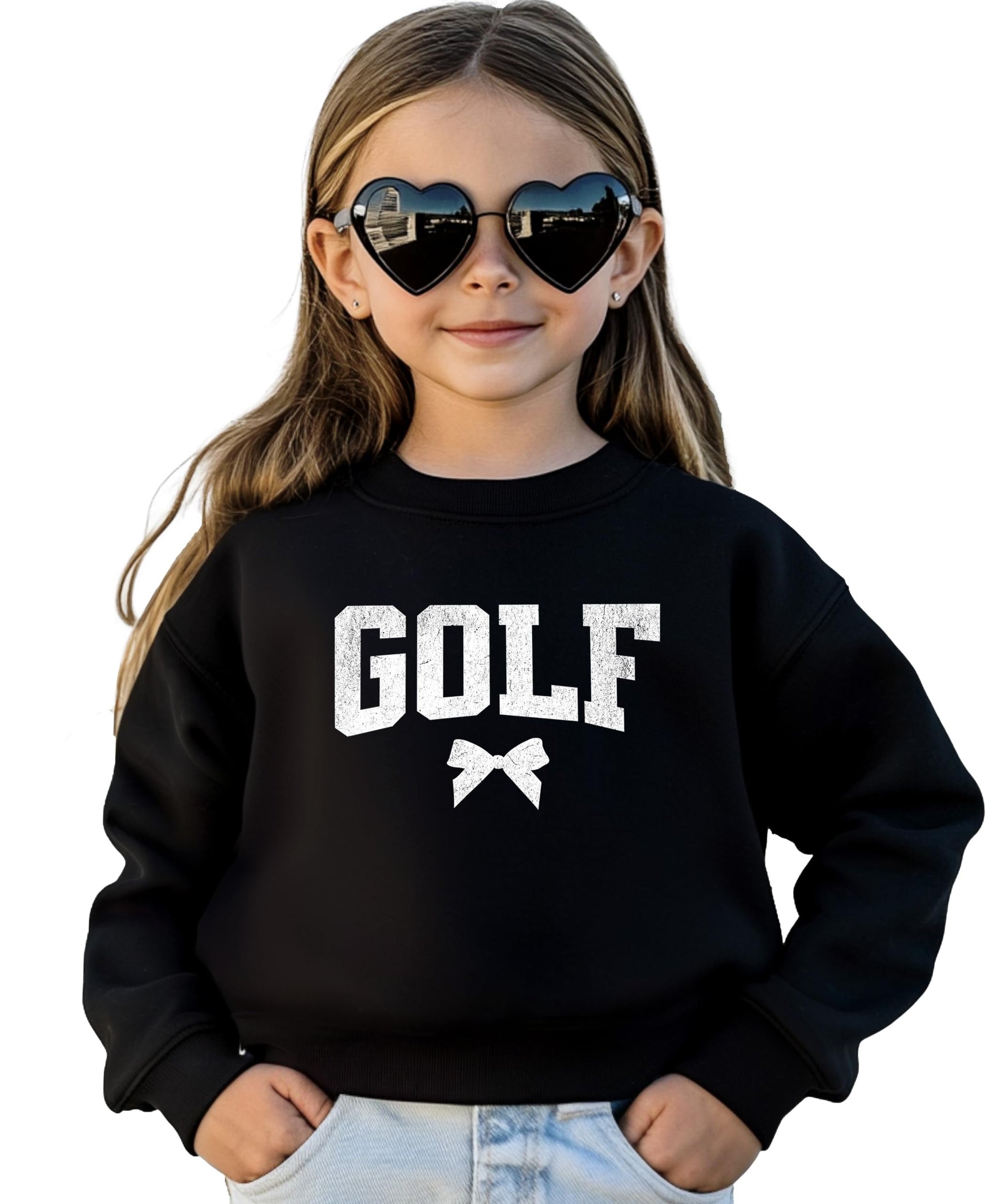 Close-up of GOLF collegiate lettering and sweet bow graphic on red crewneck sweatshirt