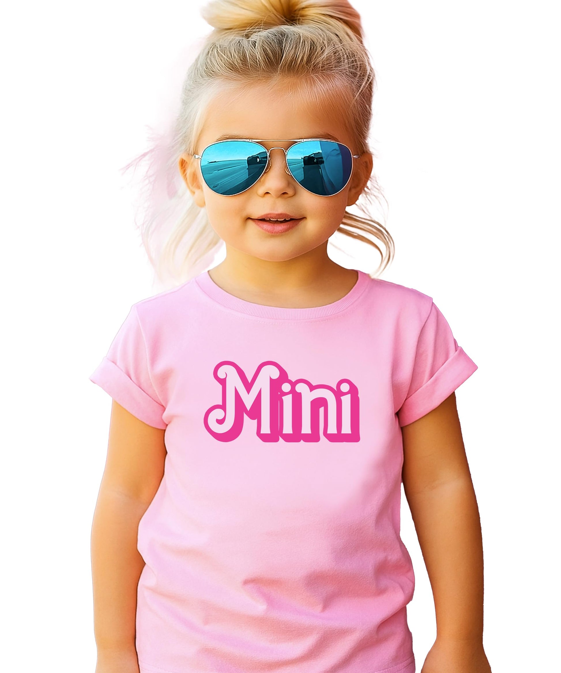 Mama and mini matching pink graphic tees with playful bubbly font for mom and daughter
