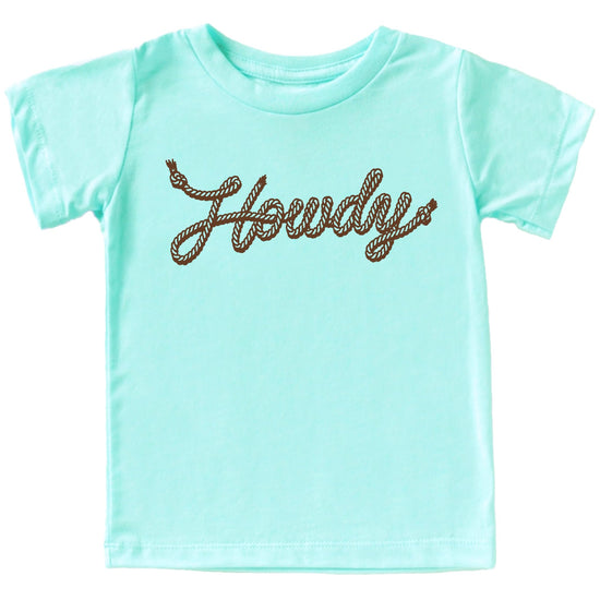 Trendy Howdy rope font western kids t-shirt on natural colored tee