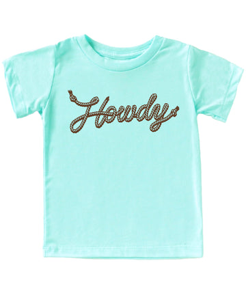 Trendy Howdy rope font western kids t-shirt on natural colored tee