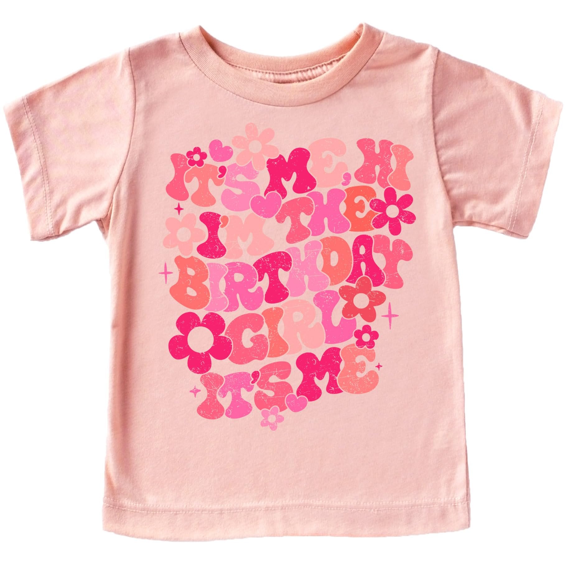 Close-up of groovy floral birthday girl graphic print on peach youth tee