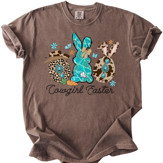 Flat lay of espresso colored women's Easter graphic tee with Western cowgirl bunny print