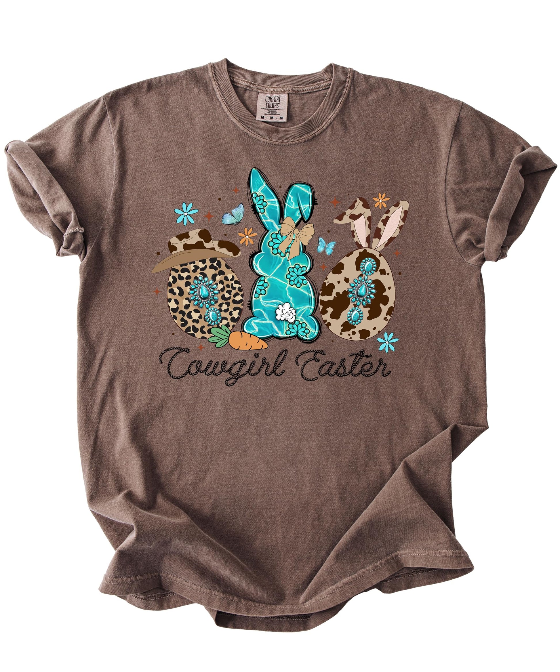 Flat lay of espresso colored women's Easter graphic tee with Western cowgirl bunny print