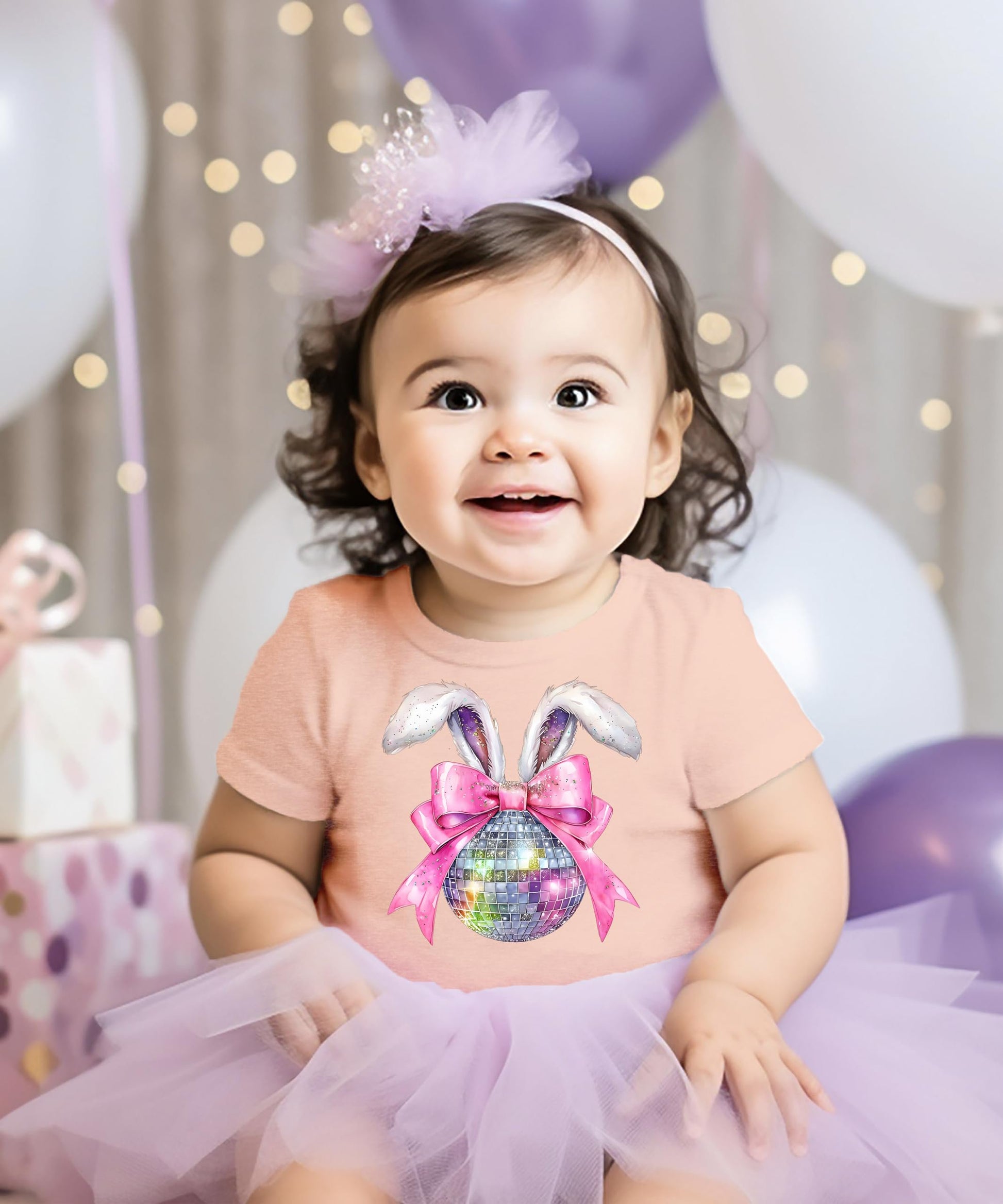 Detail shot of fluffy bunny ears and pink bow graphic on kids Easter graphic tee