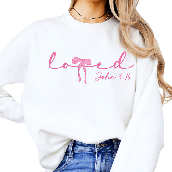White sweatshirt with Loved John 3:16 cursive graphic and pink bow design for women and girls