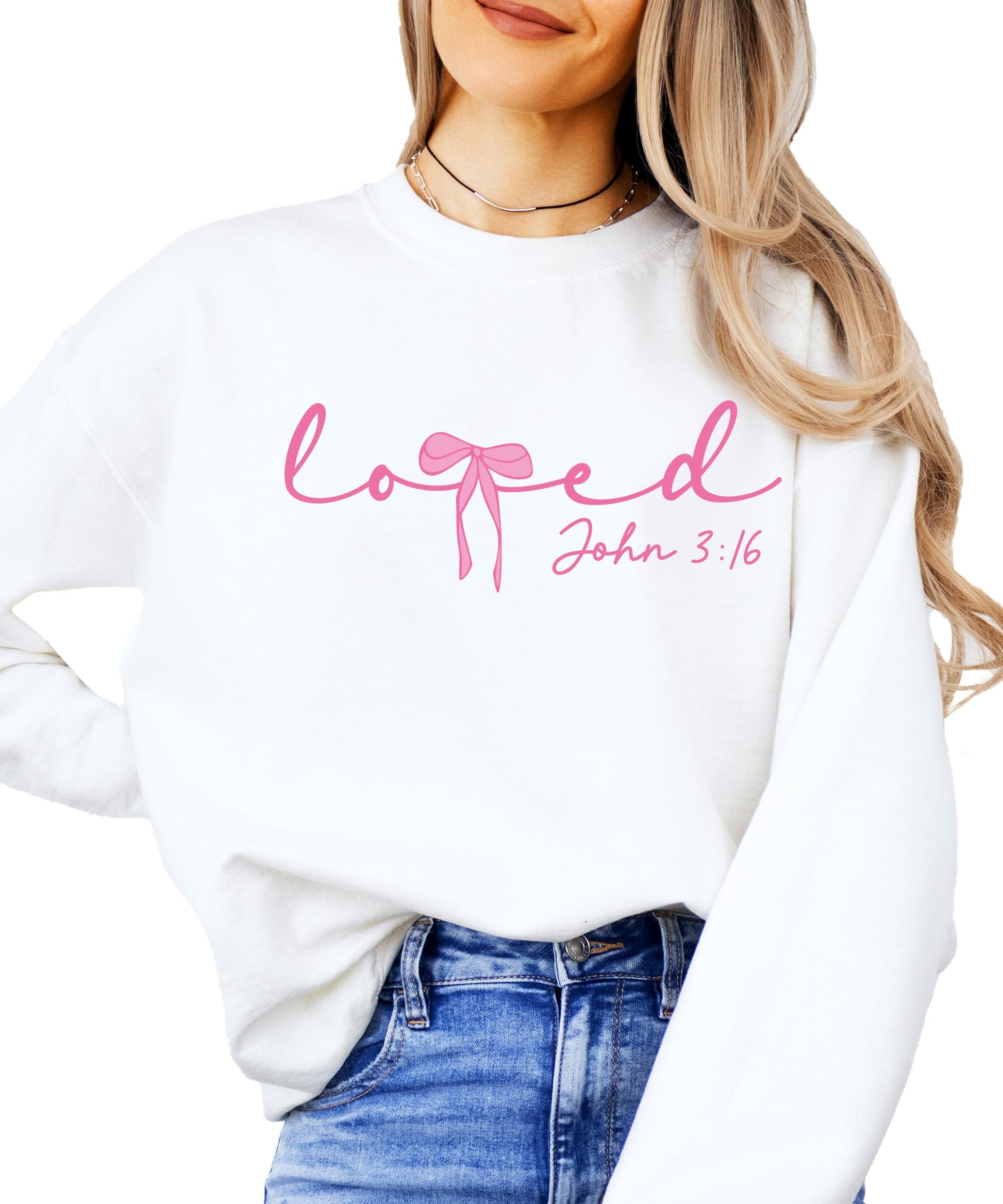 White sweatshirt with Loved John 3:16 cursive graphic and pink bow design for women and girls