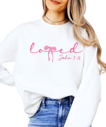 White sweatshirt with Loved John 3:16 cursive graphic and pink bow design for women and girls
