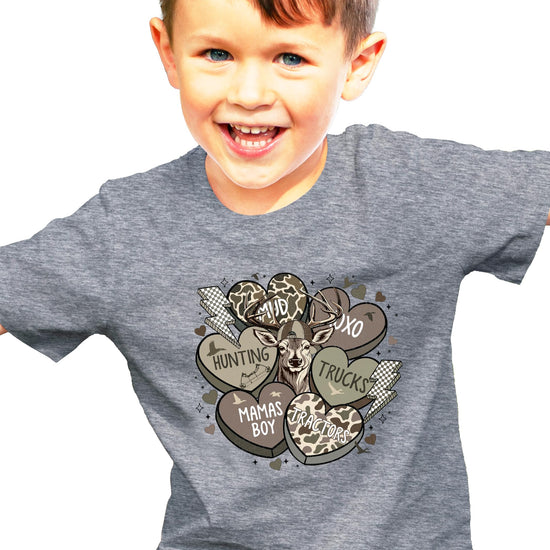 Close-up of Mama's Boy conversation hearts graphic on boys black Valentine's Day shirt