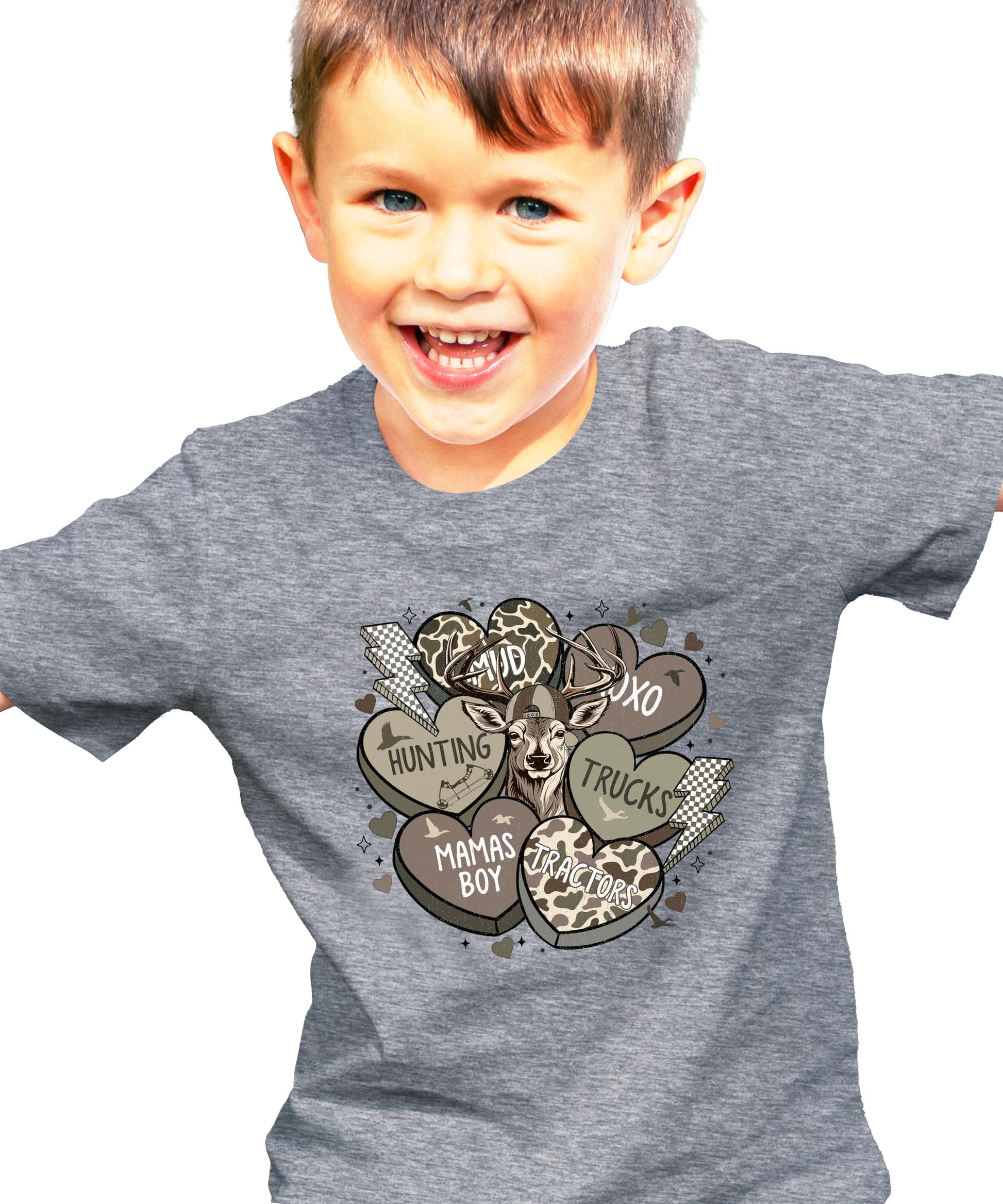 Close-up of Mama's Boy conversation hearts graphic on boys black Valentine's Day shirt