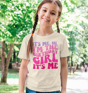 Toddler birthday outfit featuring peach It's Me Hi It's My Birthday graphic shirt