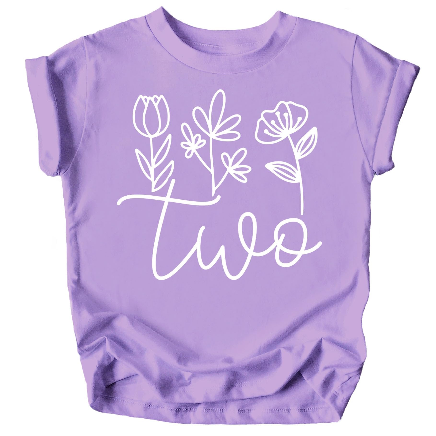 Close-up of white floral cursive Two text design on mauve toddler birthday shirt