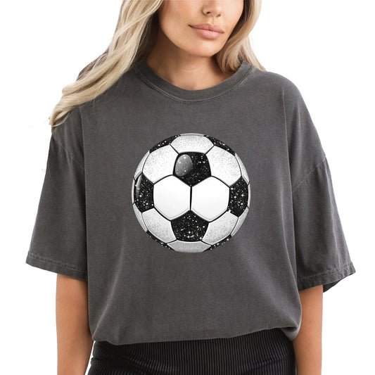Women's soccer shirt with faux glitter soccer ball design in trendy oversized fit