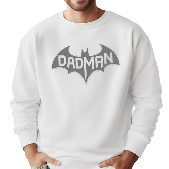 DadMan Hero white sweatshirt with bold gray bat superhero graphic for men from Olive Loves Apple