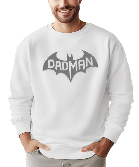 DadMan Hero white sweatshirt with bold gray bat superhero graphic for men from Olive Loves Apple
