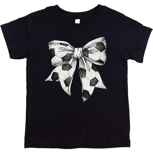 Front view of pink youth soccer tee with girly bow graphic print for kids and toddlers